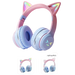 Casque bluetooth oreilles de chat rose pastel et bleu avec micro pour enfants et chargement sans fil led iridescentes