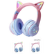 Casque bluetooth oreilles de chat rose pastel et bleu avec micro pour enfants et chargement sans fil led iridescentes