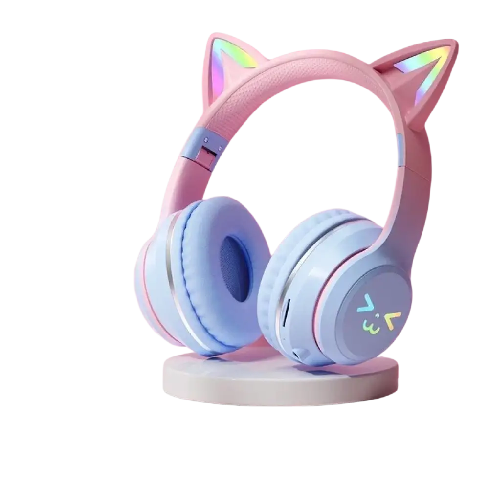 Casque bluetooth oreilles de chat rose et bleu clair avec micro pour enfants et led arc-en-ciel compatible chargement sans fil
