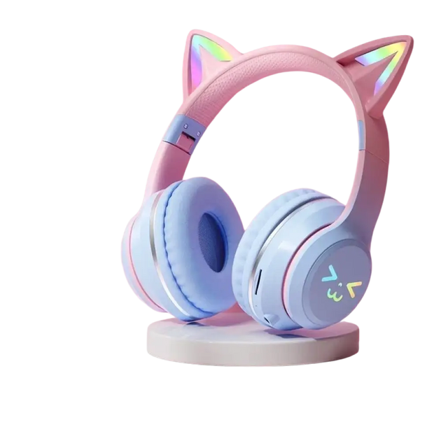 Casque bluetooth oreilles de chat rose et bleu clair avec micro pour enfants et led arc-en-ciel compatible chargement sans fil