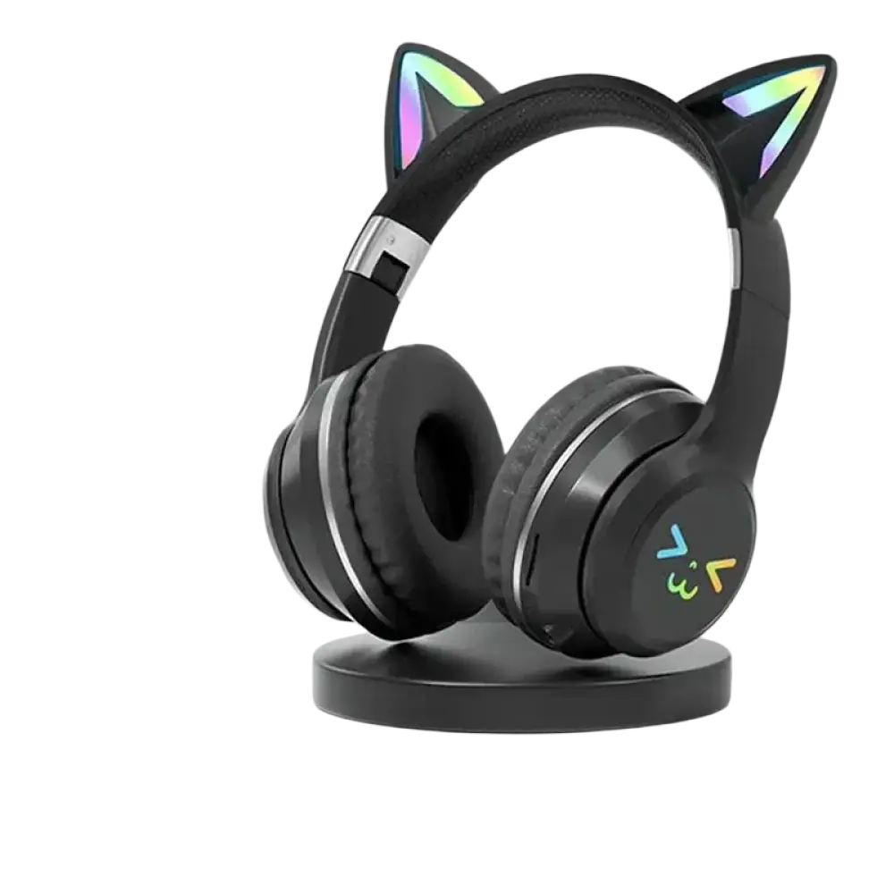Casque bluetooth oreilles de chat noir avec led et micro pour enfants avec chargement sans fil et son hifi