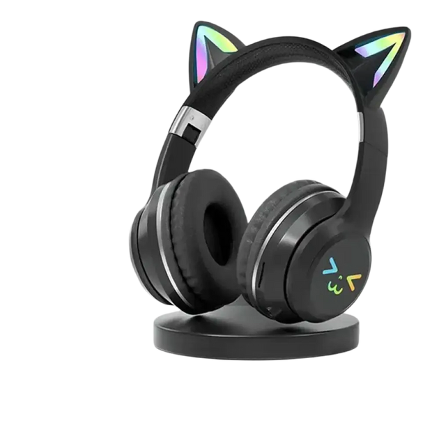Casque bluetooth oreilles de chat noir avec led et micro pour enfants avec chargement sans fil et son hifi