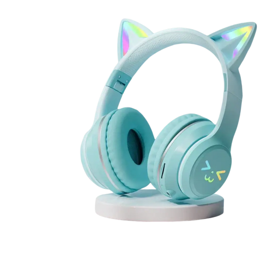 Casque bluetooth oreilles de chat rose avec micro pour enfants à led arc-en-ciel et chargement sans fil