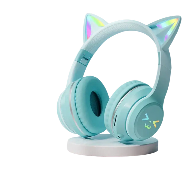 Casque bluetooth oreilles de chat rose avec micro pour enfants à led arc-en-ciel et chargement sans fil