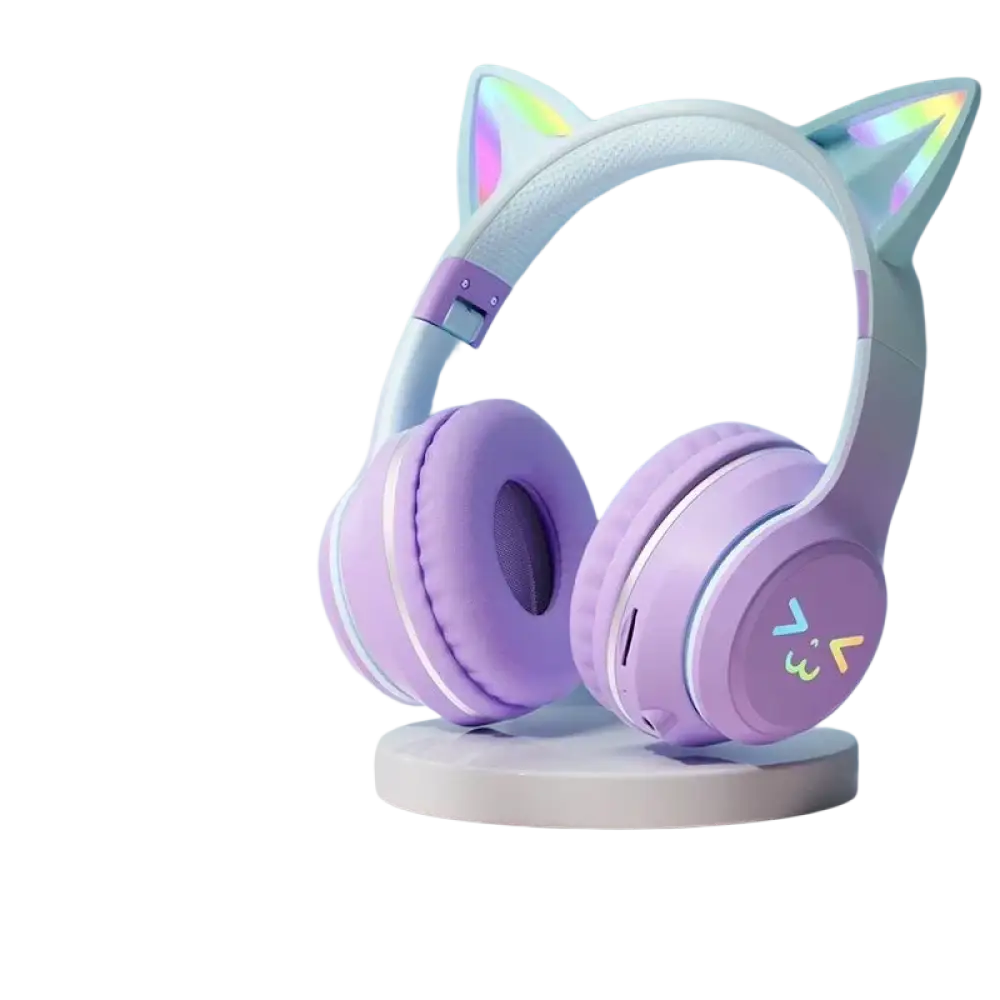 Casque bluetooth oreilles de chat rose avec micro pour enfants led et son hifi chargement sans fil