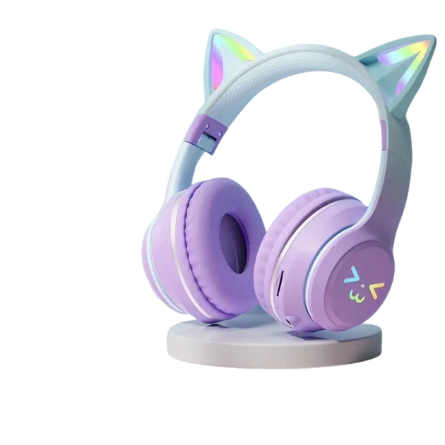 Casque bluetooth oreilles de chat rose avec micro pour enfants led et son hifi chargement sans fil