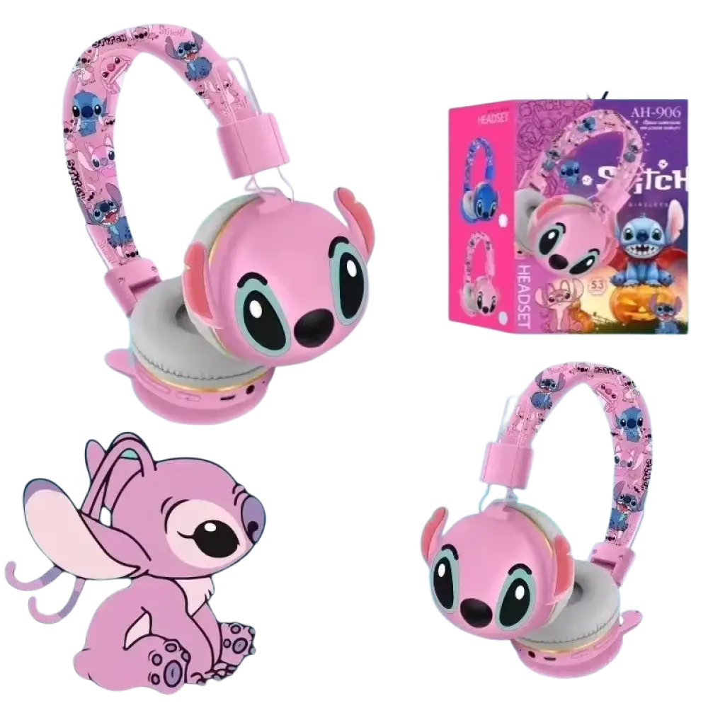 Casque bluetooth stitch ah-906 sans fil rose à motif cartoon avec micro et bandeau à motif pour enfants