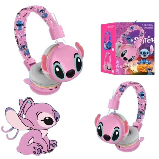 Casque bluetooth stitch ah-906 sans fil rose à motif cartoon avec micro et bandeau à motif pour enfants