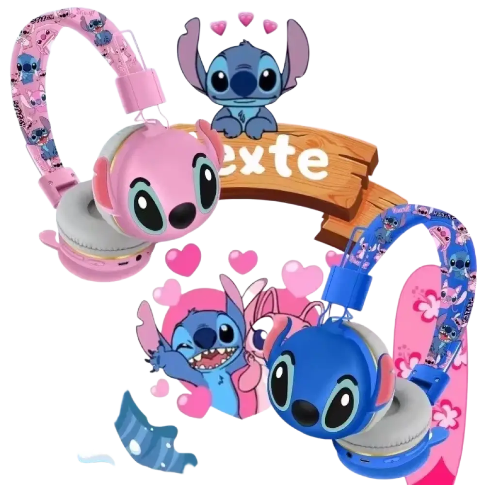 Casque bluetooth stitch ah-906 sans fil enfant rose et bleu avec micro et bandeau à personnage stitch