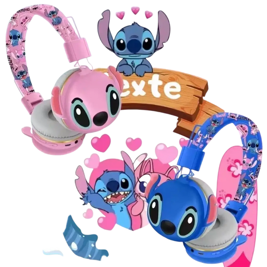 Casque bluetooth stitch ah-906 sans fil enfant rose et bleu avec micro et bandeau à personnage stitch