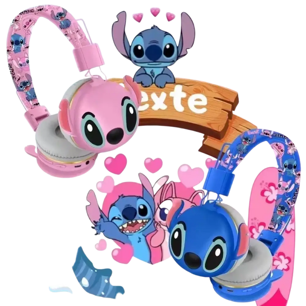 Casque bluetooth stitch ah-906 sans fil enfant rose et bleu avec micro et bandeau à personnage stitch
