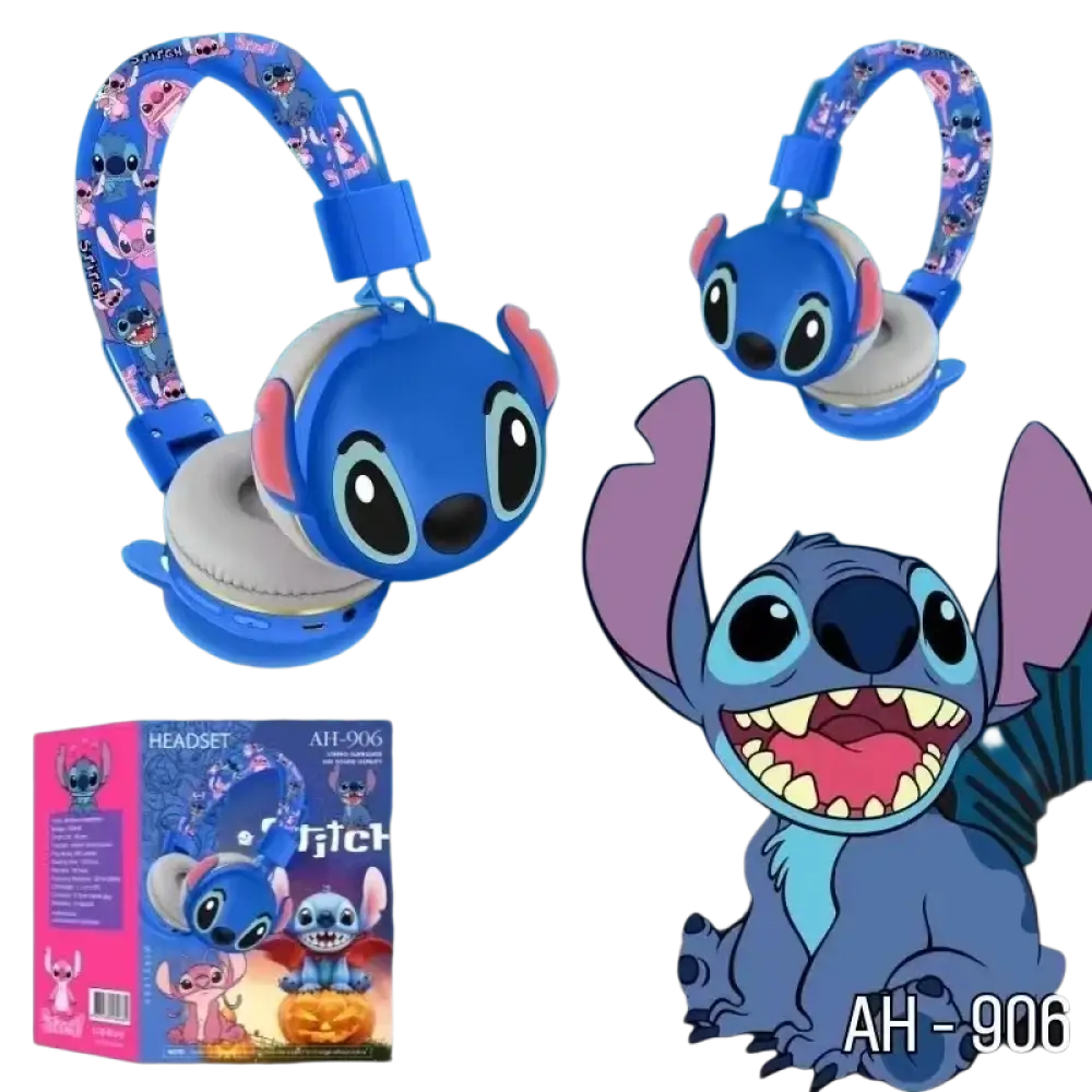 Casque bluetooth stitch sans fil pour enfants avec design cartoon bleu et coussinets gris type fil hifi avec micro