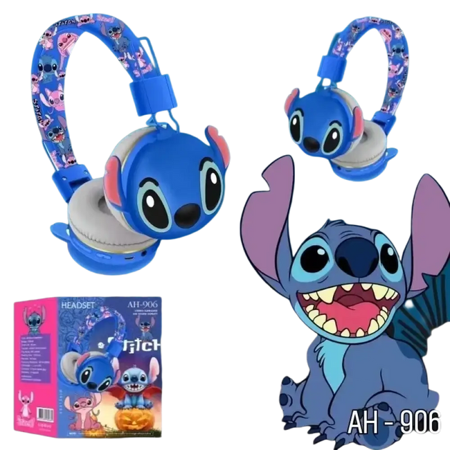 Casque bluetooth stitch sans fil pour enfants avec design cartoon bleu et coussinets gris type fil hifi avec micro