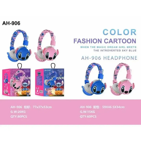 Casque bluetooth stitch ah-906 sans fil pour enfants bleu et rose avec motifs cartoon et arceau à motifs