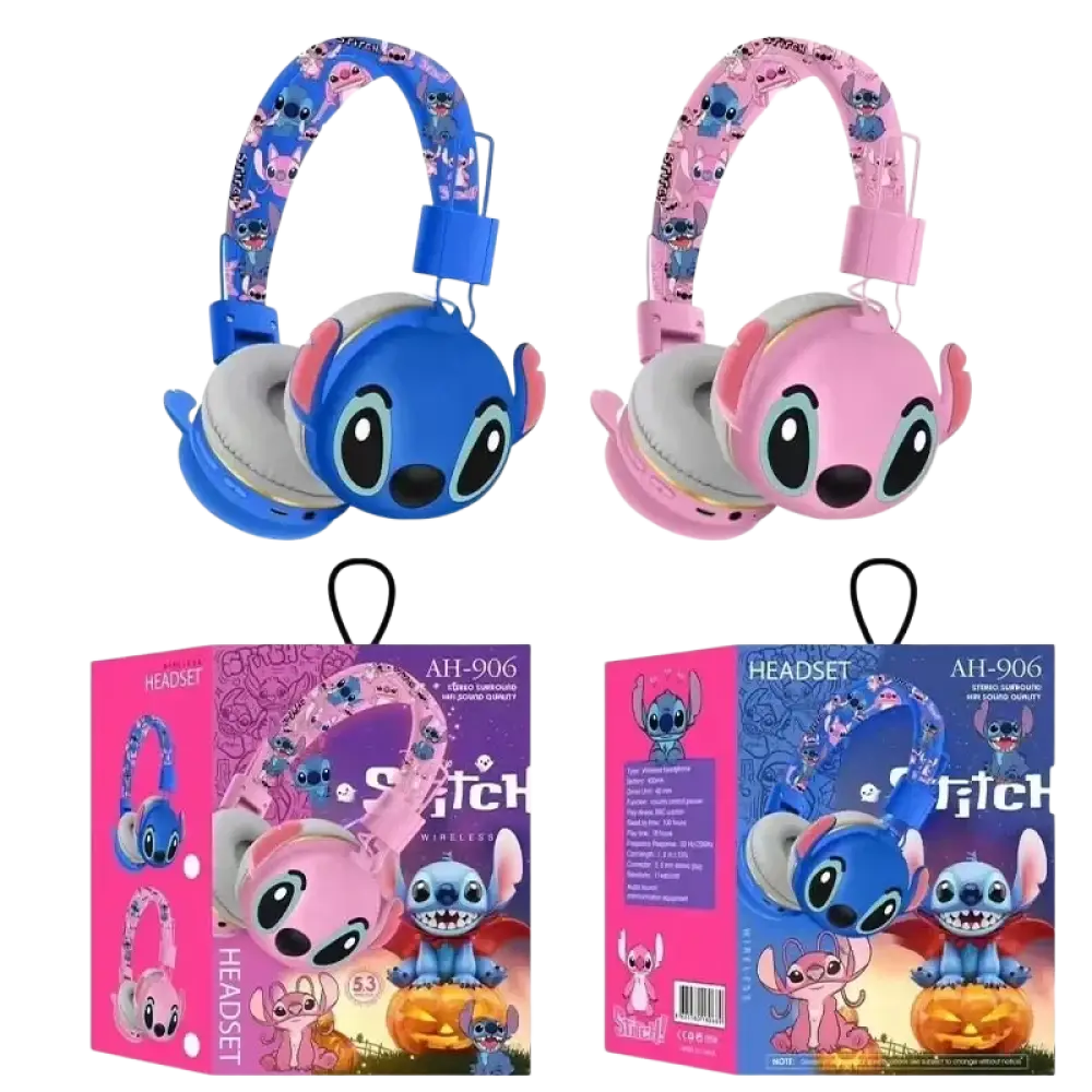 Casque bluetooth stitch ah-906 sans fil pour enfants avec design cartoon bleu et rose avec micro intégré