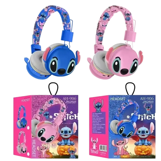 Casque bluetooth stitch ah-906 sans fil pour enfants avec design cartoon bleu et rose avec micro intégré
