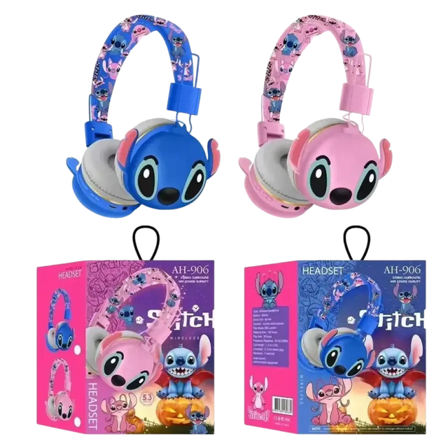 Casque bluetooth stitch ah-906 sans fil pour enfants avec design cartoon bleu et rose avec micro intégré