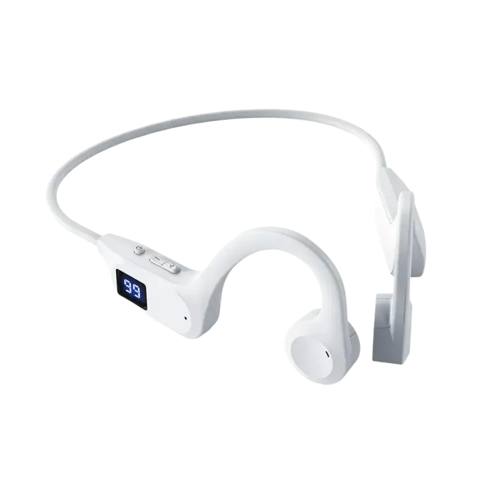 Casque de natation oneplus blanc à conduction osseuse avec affichage numérique et boutons de contrôle compatible bluetooth