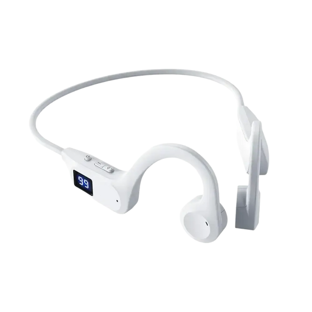 Casque de natation oneplus blanc à conduction osseuse avec affichage numérique et boutons de contrôle compatible bluetooth