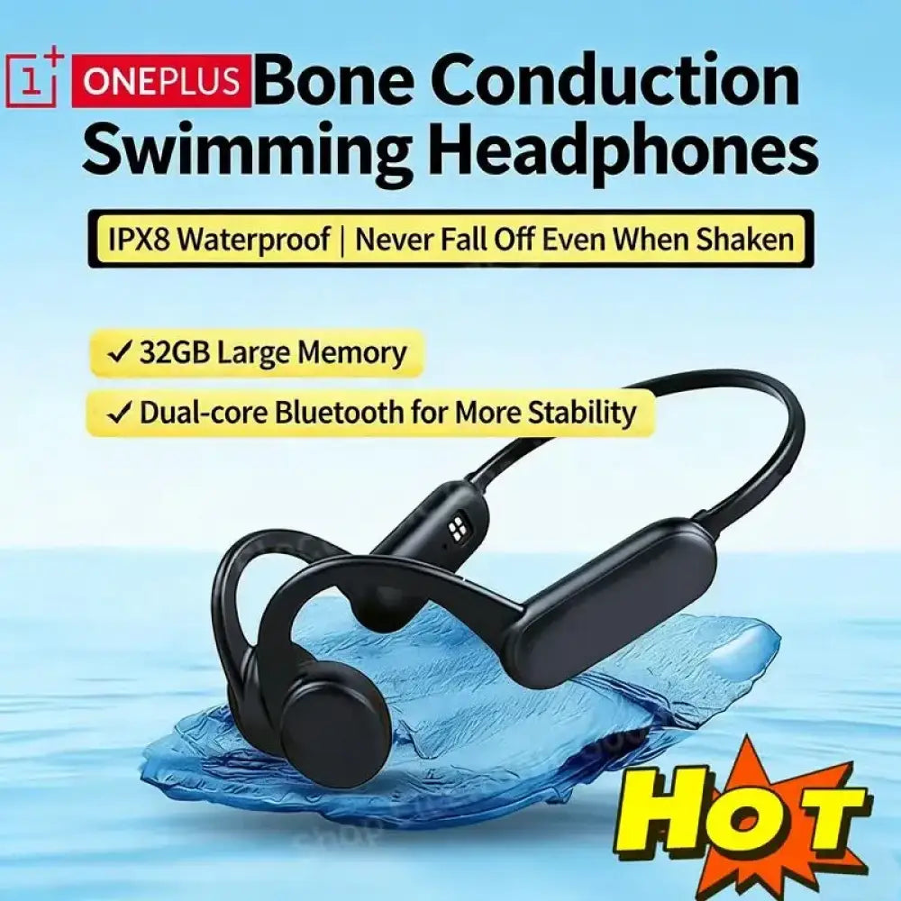 Casque de natation oneplus à conduction osseuse noir compatible bluetooth avec design courbé étanche