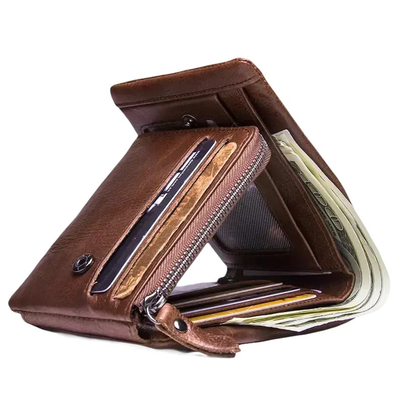 Un portefeuille bifold en cuir marron rempli d’argent liquide et de cartes.