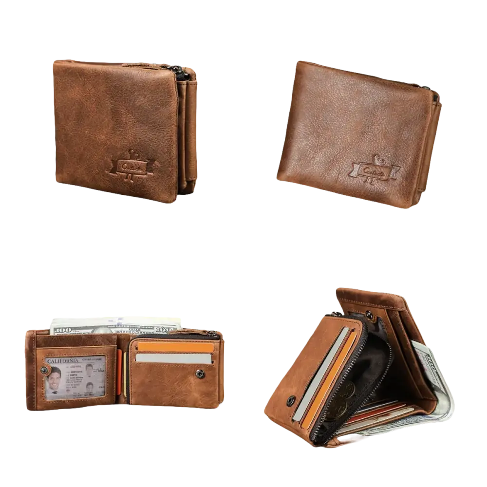 Portefeuille pour homme en cuir marron avec plusieurs compartiments et une pochette à fermeture éclair pour la monnaie.