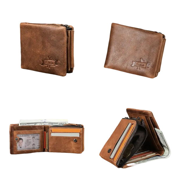 Portefeuille pour homme en cuir marron avec plusieurs compartiments et une pochette à fermeture éclair pour la monnaie.