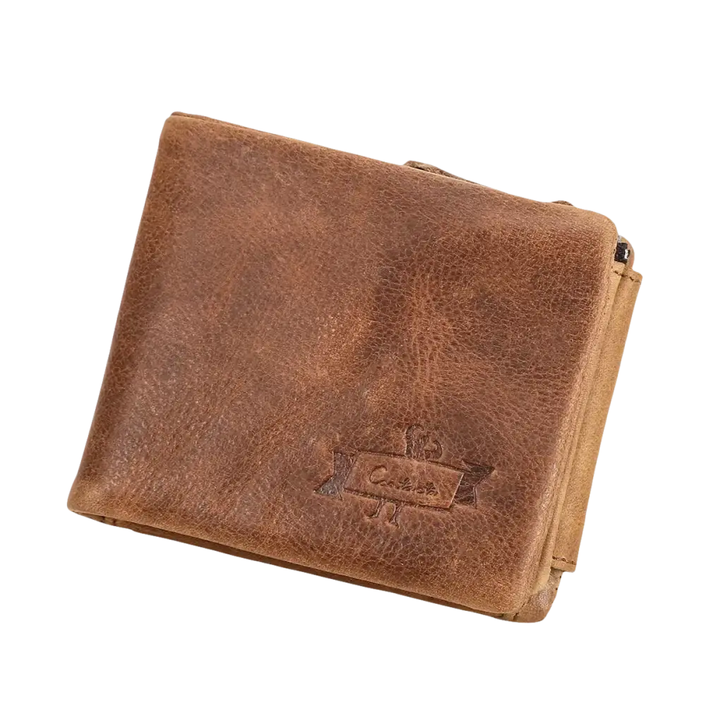 Portefeuille à deux volets en cuir marron.