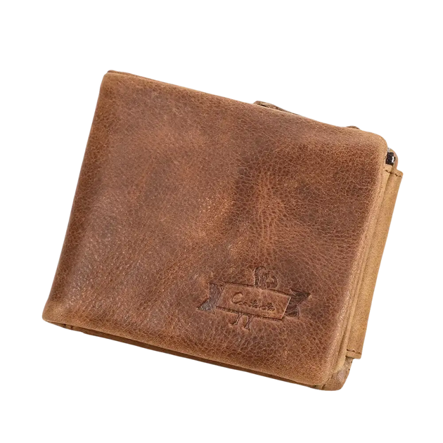 Portefeuille à deux volets en cuir marron.