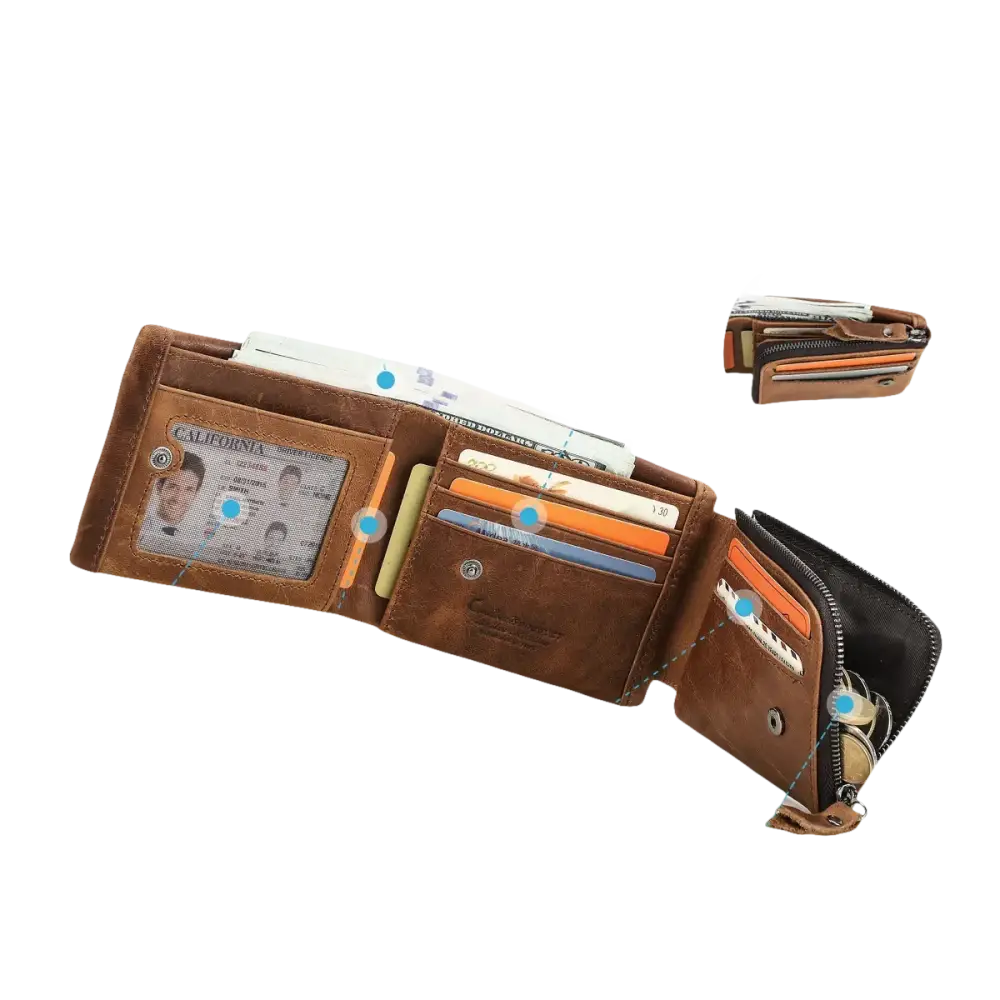 Portefeuille en cuir marron avec plusieurs fentes pour cartes, des fentes pour billets, un porte-photo, des poches pour reçus et une poche zippée pour la monnaie.