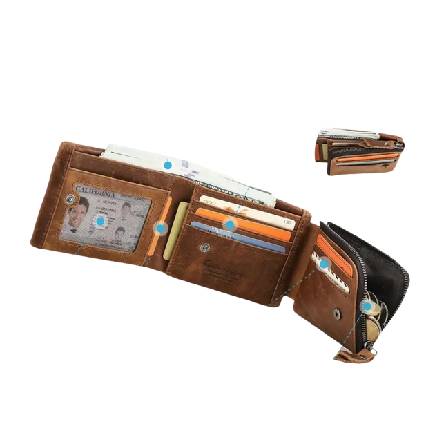 Portefeuille en cuir marron avec plusieurs fentes pour cartes, des fentes pour billets, un porte-photo, des poches pour reçus et une poche zippée pour la monnaie.