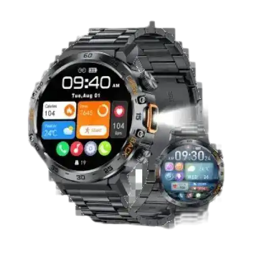 Deux montres connectées robustes avec des bracelets métalliques, l'une affichant une lampe de poche et l'autre une interface de moniteur de fitness.