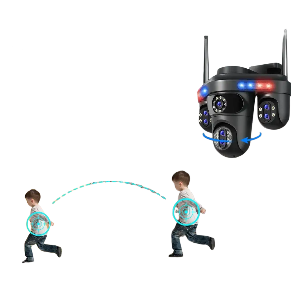 Caméra de sécurité extérieure avec suivi automatique et objectifs multiples.