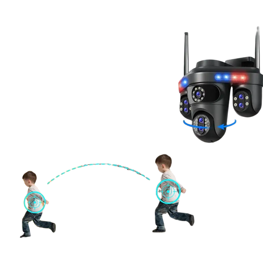 Caméra de sécurité extérieure avec suivi automatique et objectifs multiples.