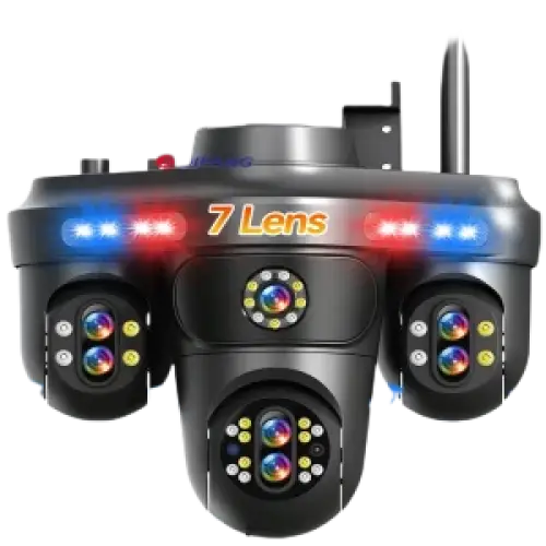 Caméra de sécurité extérieure à lentilles multiples avec lumières clignotantes rouges et bleues.