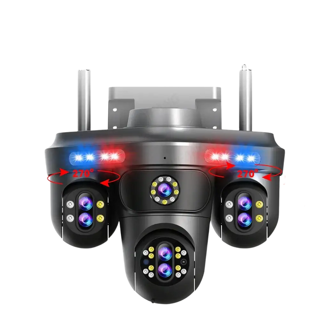 Caméra de sécurité PTZ à triple objectif avec voyants lumineux rouge et bleu.
