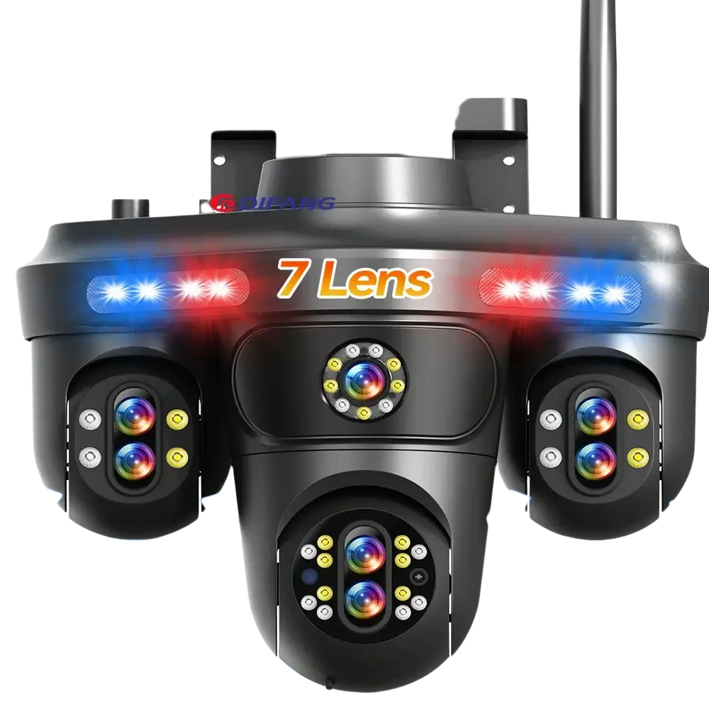 Caméra de sécurité noire à lentilles multiples avec lumières rouges et bleues, résolution Ultra HD 35MP, zoom 30X et capacité de visualisation sur 4 écrans.