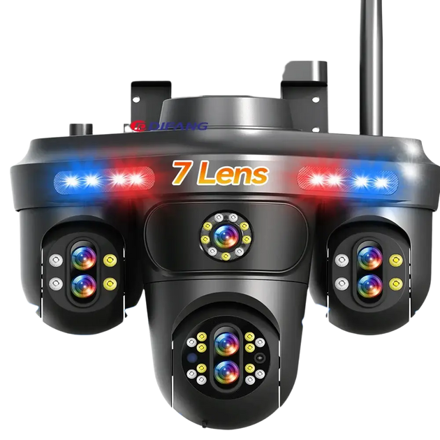 Caméra de sécurité noire à lentilles multiples avec lumières rouges et bleues, résolution Ultra HD 35MP, zoom 30X et capacité de visualisation sur 4 écrans.