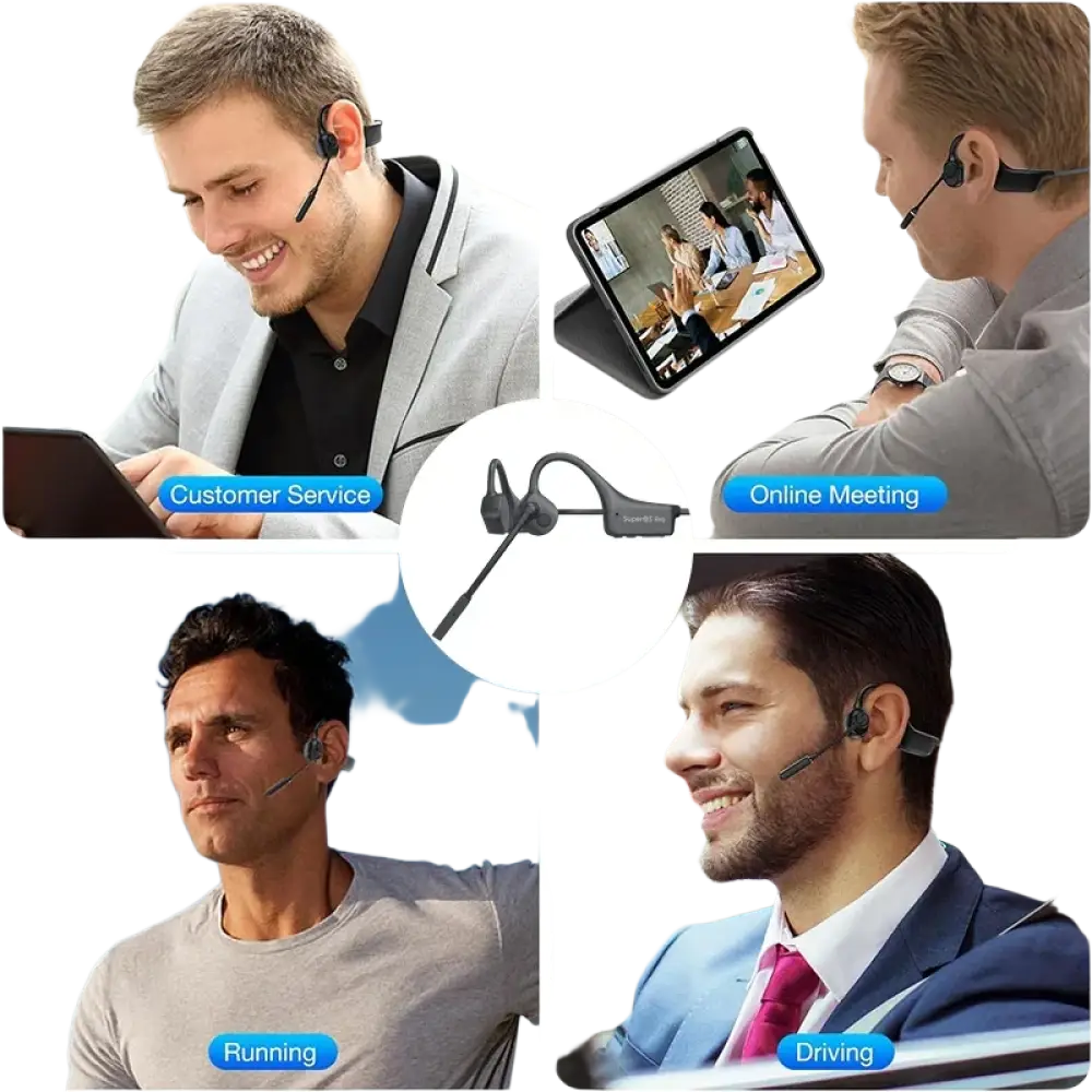 Écouteurs à conduction osseuse noirs avec design ergonomique et micro pour sport et travail oreille ouverte