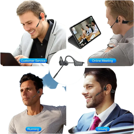 Écouteurs à conduction osseuse noirs avec design ergonomique et micro pour sport et travail oreille ouverte