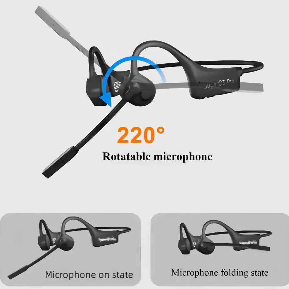 Écouteurs à conduction osseuse noirs avec micro rotatif et design ergonomique pour oreille ouverte sport et travail