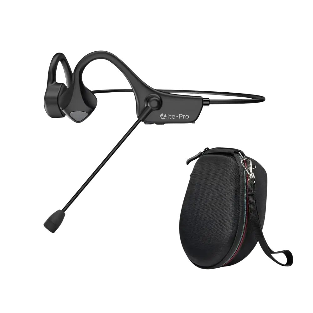 Écouteurs à conduction osseuse noirs avec micro pour sport et travail et étui de transport assorti oreille ouverte