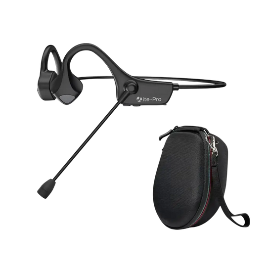 Écouteurs à conduction osseuse noirs avec micro pour sport et travail et étui de transport assorti oreille ouverte