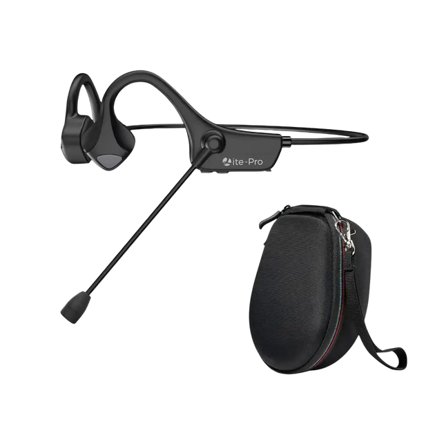 Écouteurs à conduction osseuse noirs avec micro pour sport et travail et étui de transport assorti oreille ouverte