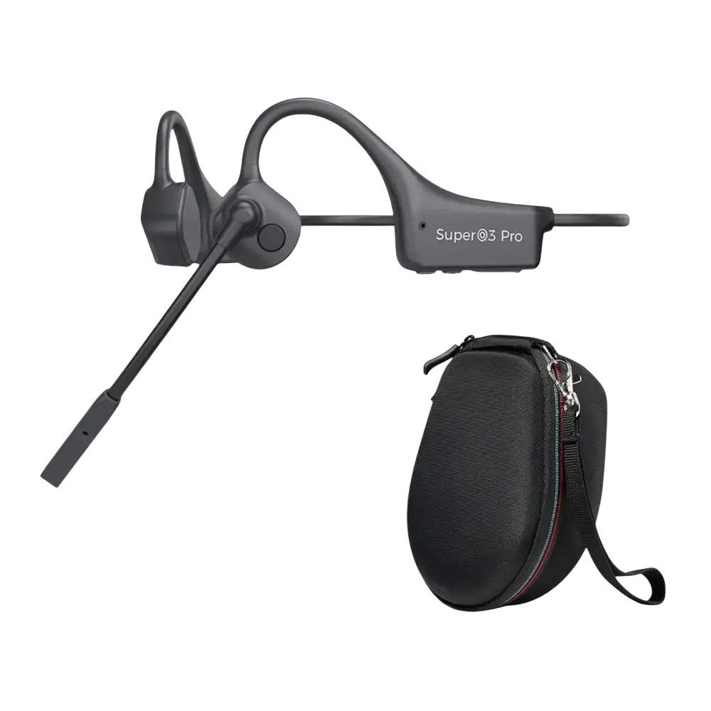 Écouteurs à conduction osseuse noirs super q3 pro avec microphone et étui de protection pour sport et travail en oreille ouverte