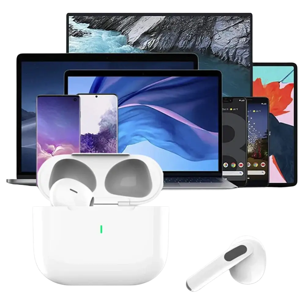Écouteurs bluetooth type TWS Air Pro 2026 blancs avec finition plastique lisse et étui de chargement blanc