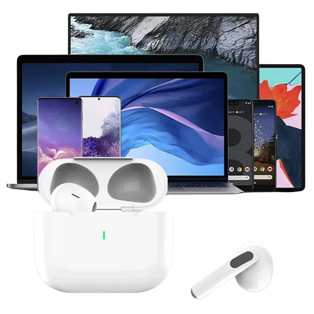 Écouteurs bluetooth type TWS Air Pro 2026 blancs avec finition plastique lisse et étui de chargement blanc