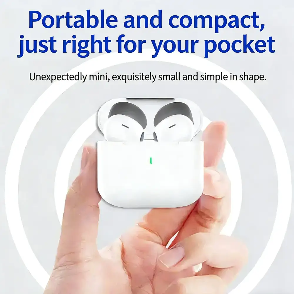 Écouteurs bluetooth tws air pro 2026 avec étui de chargement blanc à design minimaliste et témoin vert subtil