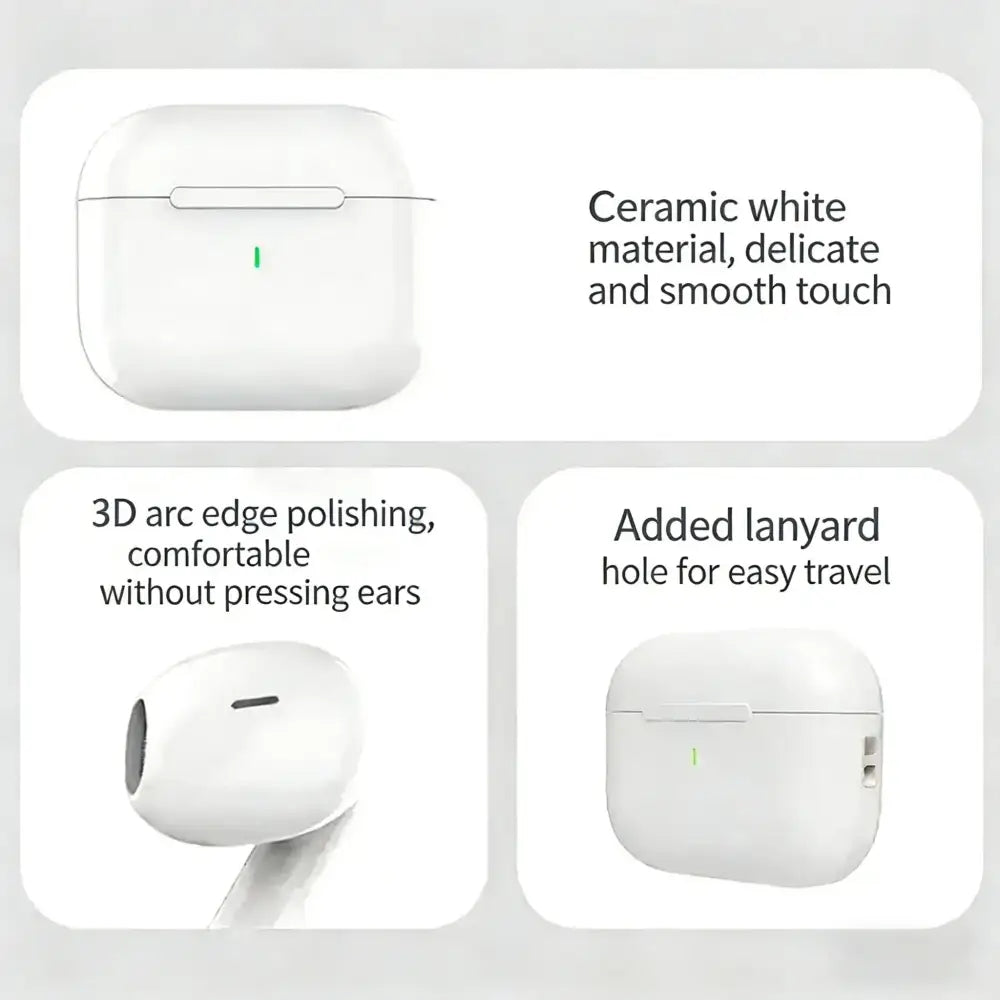 Étui de chargement blanc en céramique pour écouteurs bluetooth TWS Air Pro 2026 avec bord arrondi et lumière verte