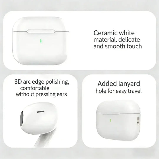 Étui de chargement blanc en céramique pour écouteurs bluetooth TWS Air Pro 2026 avec bord arrondi et lumière verte